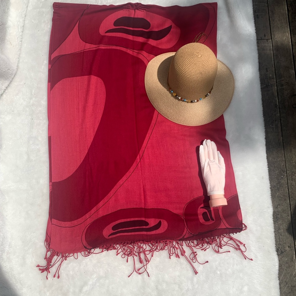⭐️ Native large SOY & WOOL Artist made fabric Scarf FIRST NATIONS Red Scarf - Picture 6 of 15